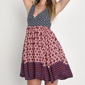 Lulus La Vie en Roses Navy Blue and Red Floral Print Dress